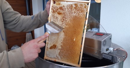 Otevření zavoskovaného medu vidličkou na rámku před vložením do medometu.